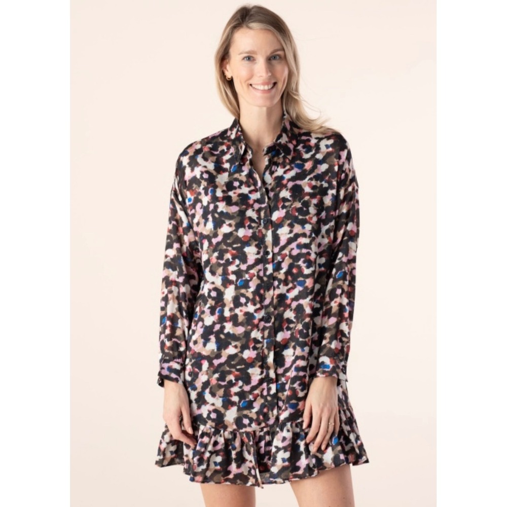MOLLY BRACKEN Long Sleeve Multicolor Button-Front Shirt Dress Ruffle Hem Large